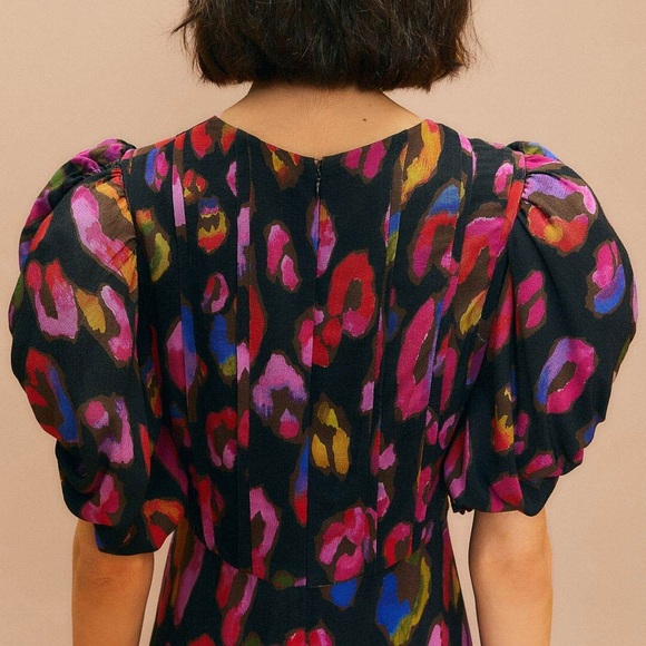 Farm Rio Iridescent Leopard Black Slit Midi Dress - Picture 6 of 13